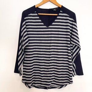 DH3 Womans Black/Gray Striped Dolman Sleeves Pullover Top Size L